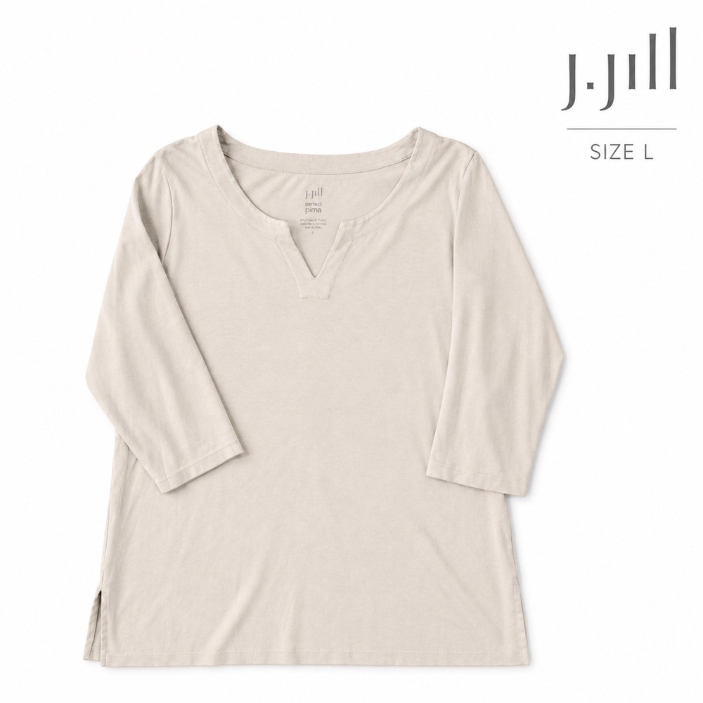 J Jill Perfect Pima Split Neck Tunic Womens L Beige 100% Pima Cotton 3/4 Sleeve